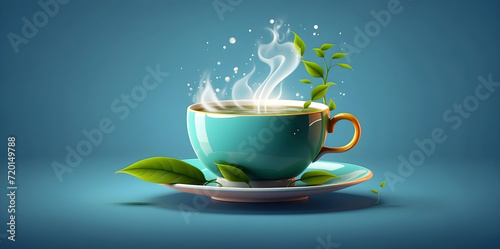 Design a captivating logo featuring a tea cup emitting steam, accompanied by a tea leaf positioned beside the cup