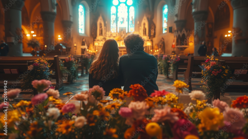 Sad, funeral and flowers with couple and coffin in church for death ...