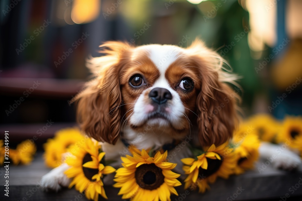 dog with a sunflower garland sitting amidst the flowers