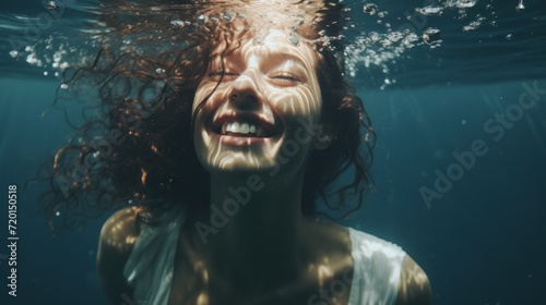 Close-up of a beautiful happy woman floating underwater in a pool or sea on a blue water background. Healthy lifestyle, Vacations, travel, Hobbies and recreation, Sports concepts.