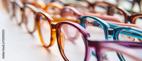 A Spectrum of Eyeglasses in a Row: A Close-Up View of Varied Hues and Fashionable Frames