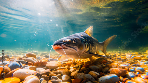 A big catfish are swimming in the lake with a colorful pebbles , and the sunlight reflects a beautiful light on them.