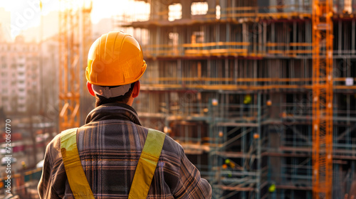 Builder man is wearing a hard hat at new construction site.