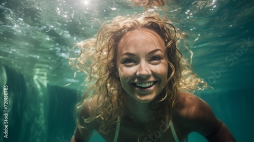 Close-up of a beautiful happy woman floating underwater in a pool or sea. Healthy lifestyle, Vacations, travel, Hobbies and recreation, Sports concepts.