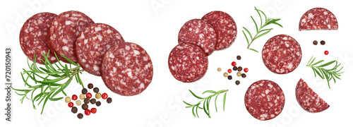 Fototapeta Naklejka Na Ścianę i Meble -  Smoked sausage salami slices isolated on white background with full depth of field. Top view. Flat lay