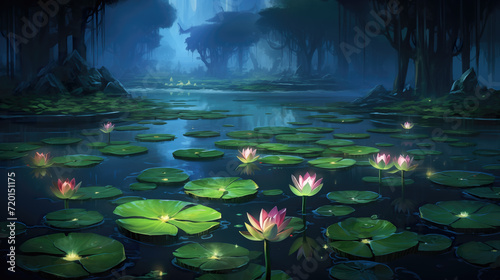 Photographie a lot of shining water lillies on surface