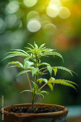 macro photography of a newly growing marijuana tree in a pot