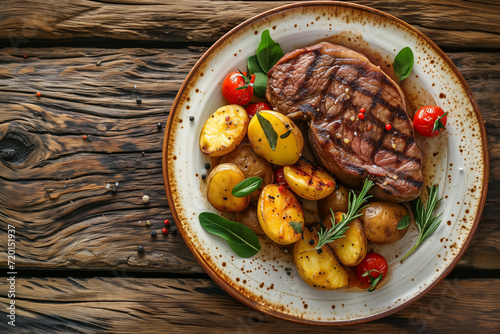 grilled beef steak and potatoes on round plate, top view, wooden tabletop