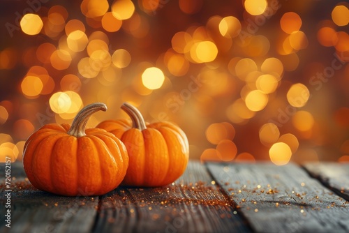 orange pumpkins on a wooden table on a bokeh glowing background copy space