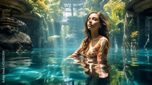 A beautiful woman on vacation in the pool of a luxury spa hotel. Travel, Vacation concepts.