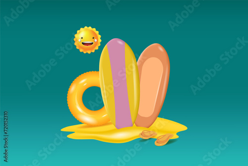 
Concepts of a summer vacation with a surfboard.
 Planning vacations and vacations at sea. 3d vector illustration.
