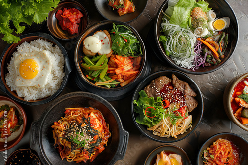 assortment of Korean traditional dishes in bowls, asian food, top view