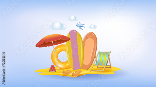 
Concepts of a summer vacation with a surfboard.
 Planning vacations and vacations at sea. 3d vector illustration.