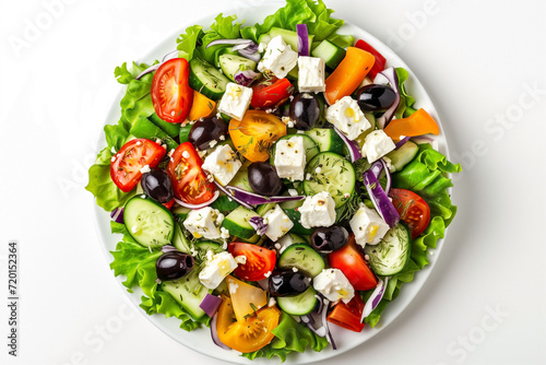 classic greek salad with fresh vegetables, feta cheese and olives, cucumbers, isolated on white background, top view