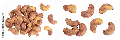 cashew nuts heap with shell isolated on white background. Top view. Flat lay
