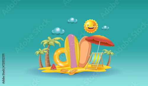 
Concepts of a summer vacation with a surfboard.
 Planning vacations and vacations at sea. 3d vector illustration.