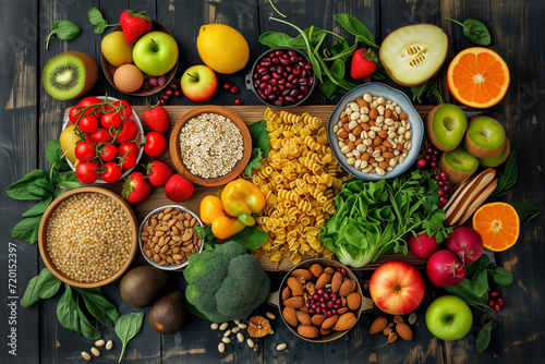 vegan nutrition with high content of dietary fiber and immune-boosting nutrition with fruits, nuts, vegetables, whole wheat pasta, foods high in omega-3, antioxidants, anthocyanins, vitamins