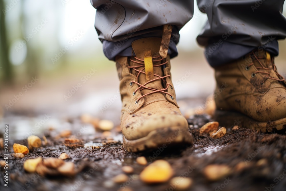 closeup of a truffle hunters muddy boots