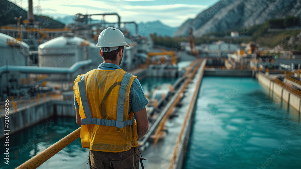 A dam engineering doing his checking routine. He is wearing a white hard hat and yellow transparent vest. He is standing by the rail by the dam. generative ai. A dam engineering doing his checking routine. He is wearing a white hard hat and yellow transparent vest. He is standing by the rail by the dam. generative ai.
