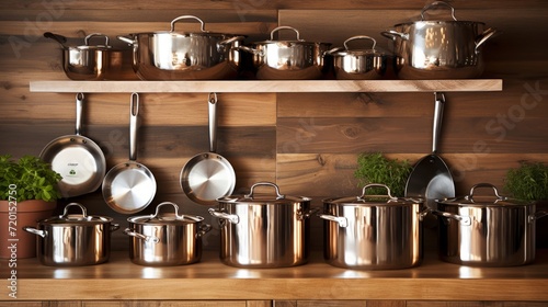 Elegant copper pots and pans displayed on a wooden kitchen wall. photo