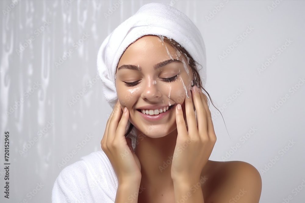 beauty portrait of a smiling girl who washes herself in the shower with a towel on her head and drops of water. Face and body care concept beauty portrait of a smiling girl who washes herself in the shower with a towel on her head and drops of water. Face and body care concept