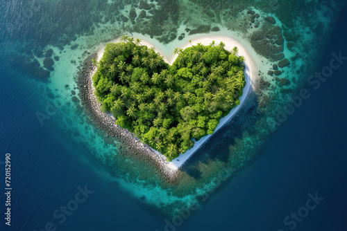 A heart-shaped tropical island, a natural wonder, stands out in the midst of vast blue waters.