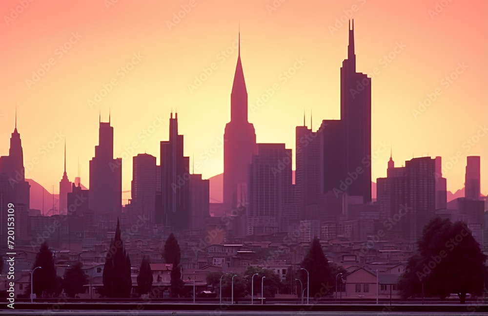 Urban Dusk: City Skyline Illuminated at Twilight