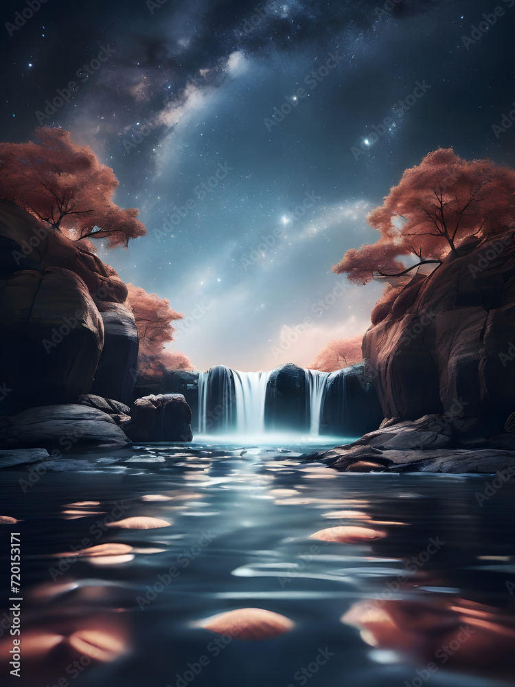 Craft a captivating minimalist dreamscape featuring floating islands amidst gentle waterfalls. AI Generated Craft a captivating minimalist dreamscape featuring floating islands amidst gentle waterfalls. AI Generated