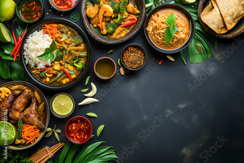 traditional thai food in bowls on dark background, oriental food concept, top view