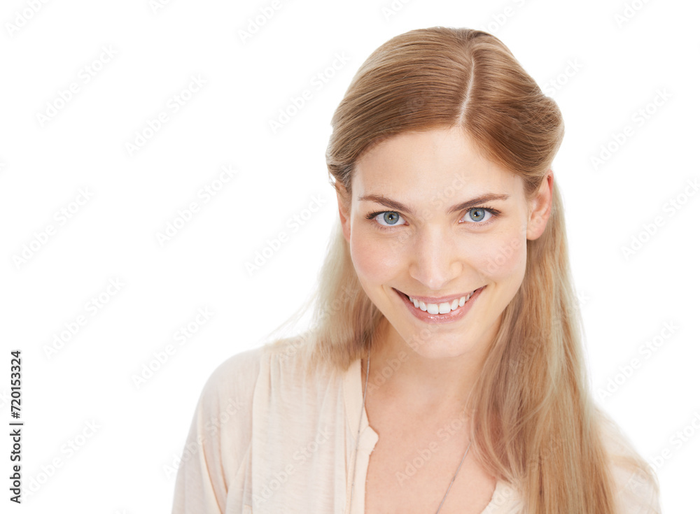 Beauty, portrait and happy woman in studio for hair, treatment or shampoo results on white background. Haircare, smile and face of female model with texture, growth or color, cosmetic or satisfaction Beauty, portrait and happy woman in studio for hair, treatment or shampoo results on white background. Haircare, smile and face of female model with texture, growth or color, cosmetic or satisfaction