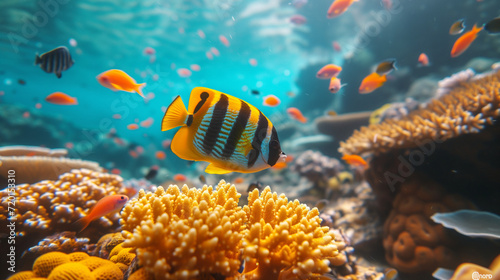 Tropical sea underwater fishes on coral reef. Aquarium oceanarium wildlife colorful marine panorama landscape nature snorkel diving. Underwater coral reef fish shoal landscape. Coral reef underwater.