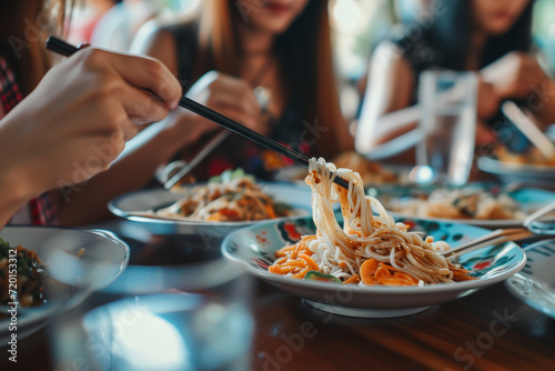 womans eating in thai restaurant, chopsticks, close-up, selective focus