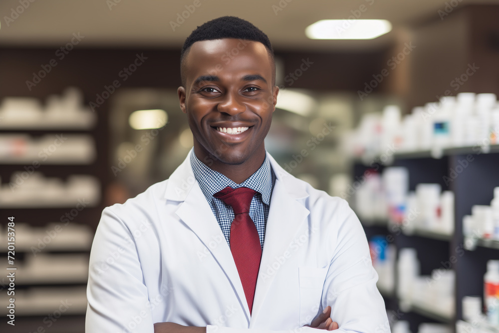 pharmacist man, smiling, in white coat and red tie, against blurred background of shelves with medicines pharmacist man, smiling, in white coat and red tie, against blurred background of shelves with medicines