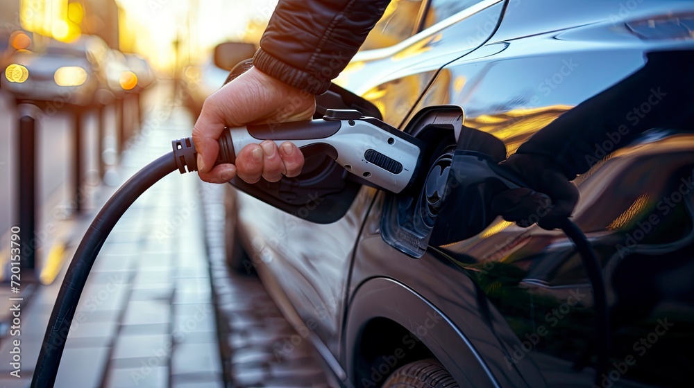 A person's hand plugging in a charger to an electric car on a city street. A person's hand plugging in a charger to an electric car on a city street.
