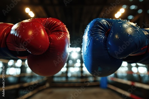 Two male hands in red and blue boxing gloves.