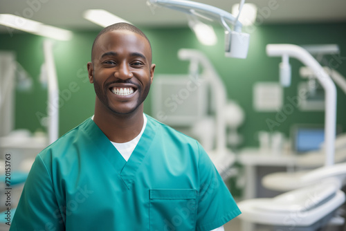 dentist smile man doctor in pastel green medical clothing, standing in dental room, blurred background, tools, luminaires photo