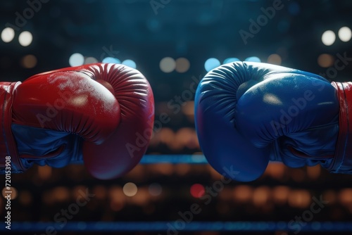 Two male hands in red and blue boxing gloves.