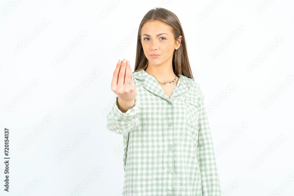 Young beautiful woman standing over white studio background Doing Italian gesture with hand and fingers confident expression Young beautiful woman standing over white studio background Doing Italian gesture with hand and fingers confident expression