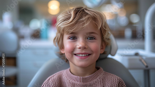 A smiling kid sitting in a dental chair at the dentist, teeth cleaning and examination concept,generative ai