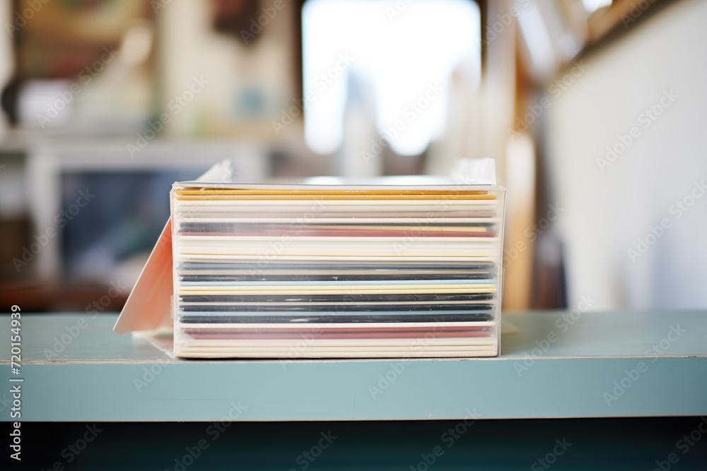 crisp image of stack of untouched vinyl records on a shelf crisp image of stack of untouched vinyl records on a shelf