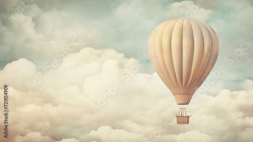 Vintage striped hot air balloon floating peacefully among fluffy clouds.