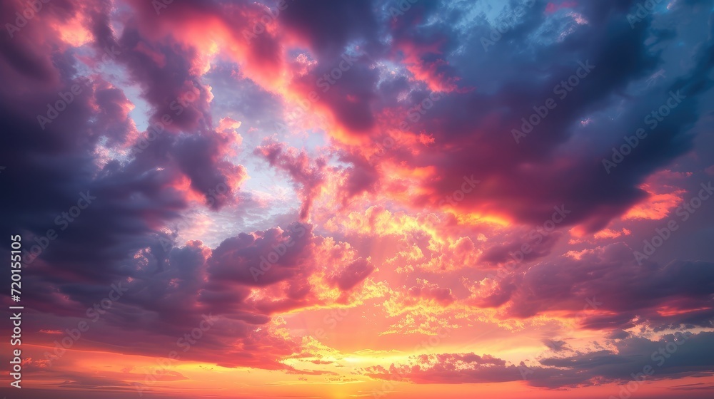 Sunset Sky Clouds in the evening with Red, Orange, Yellow and purple sunlight on Golden hour after sundown, Romantic sky in summer on Dusk Twilight - obrazy, fototapety, plakaty 