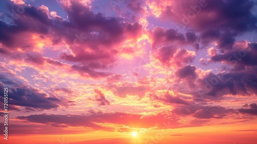 Sunset Sky Clouds in the evening with Red, Orange, Yellow and purple sunlight on Golden hour after sundown, Romantic sky in summer on Dusk Twilight © buraratn