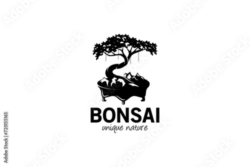 Unique natural bonsai tree logo design, abstract art tree vector silhouette