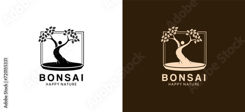 Unique and beautiful natural bonsai tree logo design, modern art tree silhouette