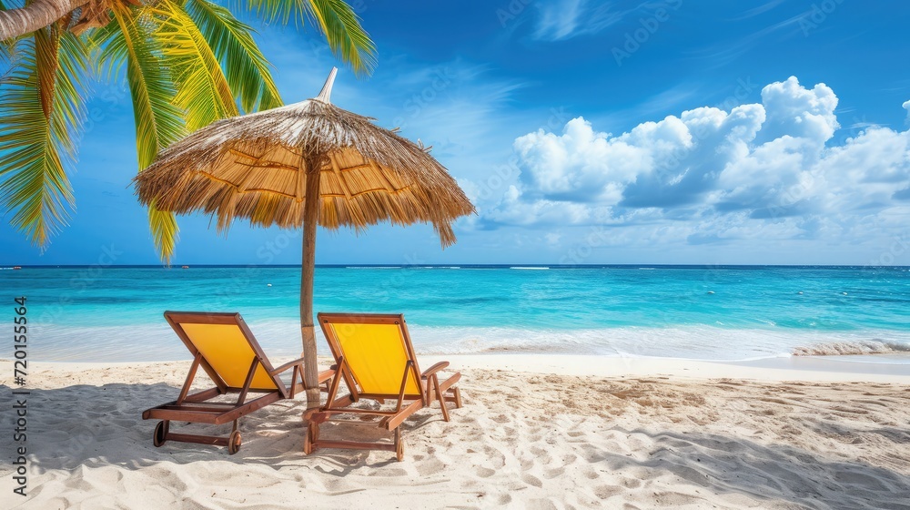 Vacation holidays background wallpaper - two beach lounge chairs under tent on beach