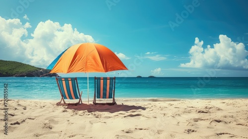 Vacation holidays background wallpaper - two beach lounge chairs under tent on beach