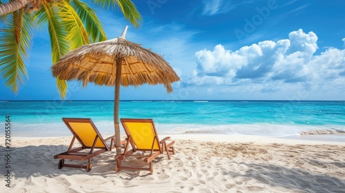 Vacation holidays background wallpaper - two beach lounge chairs under tent on beach © buraratn