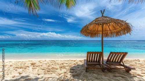 Vacation holidays background wallpaper - two beach lounge chairs under tent on beach © buraratn