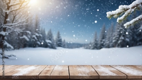 Empty wooden snow covered table on blurry snowy background, copy space for product © varol